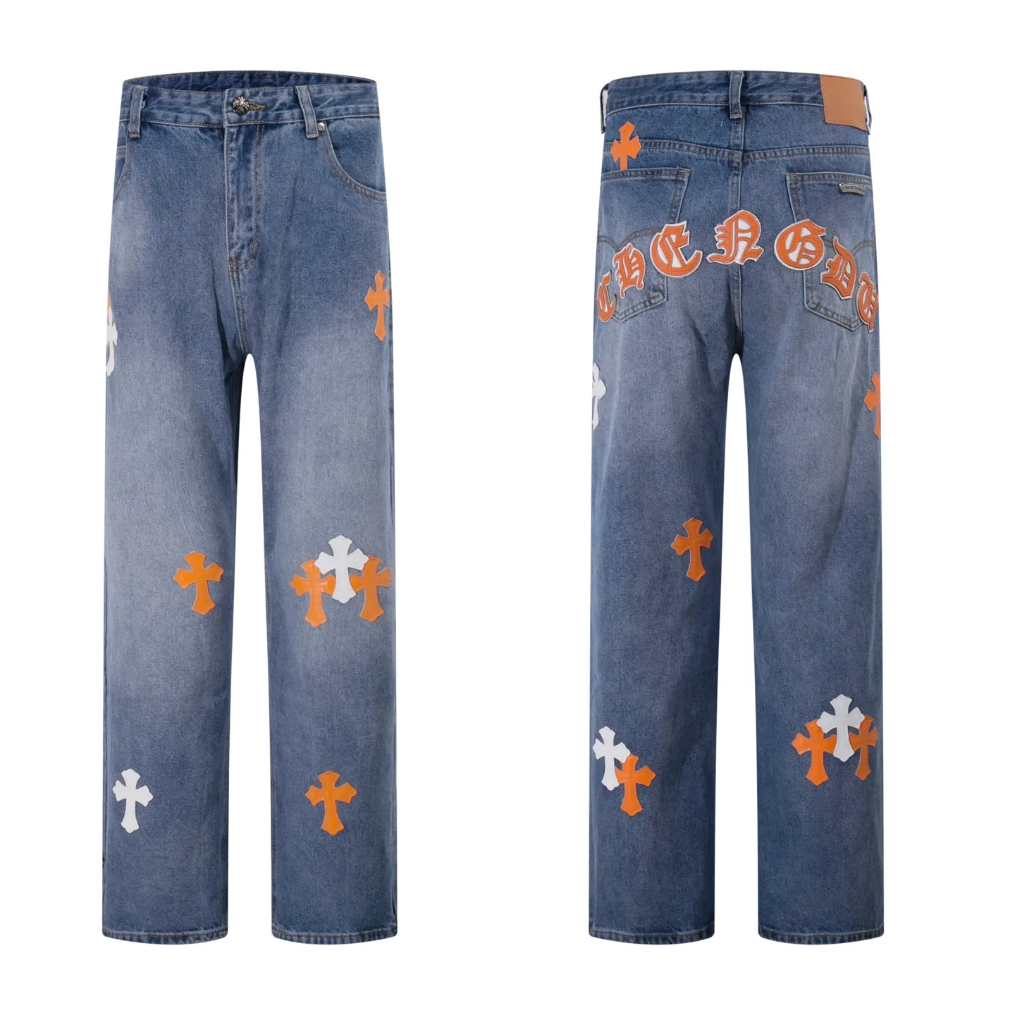 P260 Style number: H906 Croxin & 𝐂𝐡𝐫𝐨𝐦𝐞 𝐇𝐞𝐚𝐫𝐭 ss25 blue pants orange skin Sanskrit leather limited edition patchwork jeans. Styles with different washed textures are very friendly to people with thin legs. The slightly flared version perfectly modifies the leg shape. The timeless and moderate length makes it easy to match and match. It is the basis for various styles and is a must-have in your wardrobe! The fabric is stiff but also makes the upper body soft without losing texture. The washing process is even more perfect. It is a must-have item for everyone! ! ! Washed wheat, hang tag, pants label, three labels complete Color: blue Size: 28-30-32-34